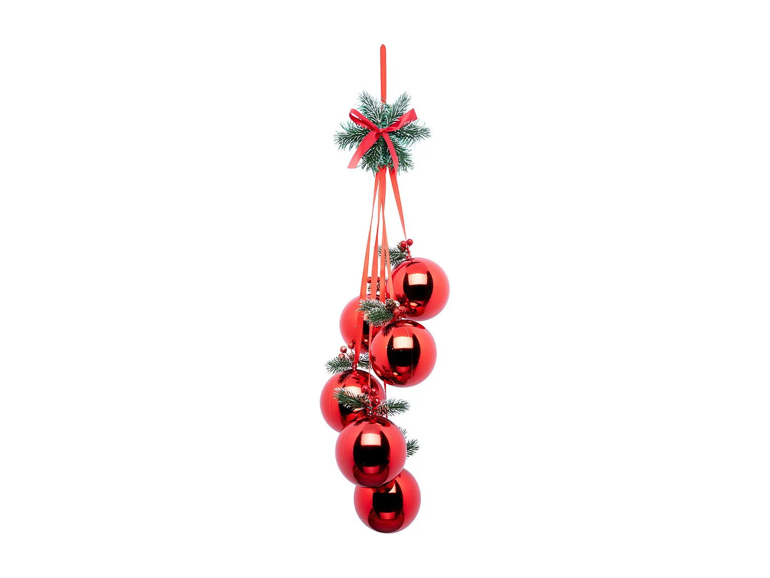 Grappe de 6 Boules de Noël Rouge à suspendre avec déco Houx H 70 cm
