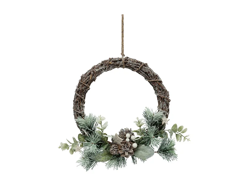 Couronne de Noël enneigée avec pommes de pin, étoiles et baies blanches D 25 cm