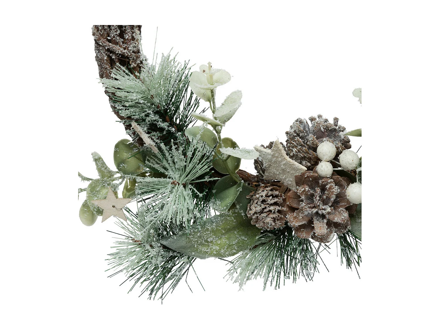 Couronne de Noël enneigée avec pommes de pin, étoiles et baies blanches D 25 cm