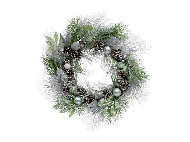Couronne de Noël déco Vert Argent effet Givré D 46 cm