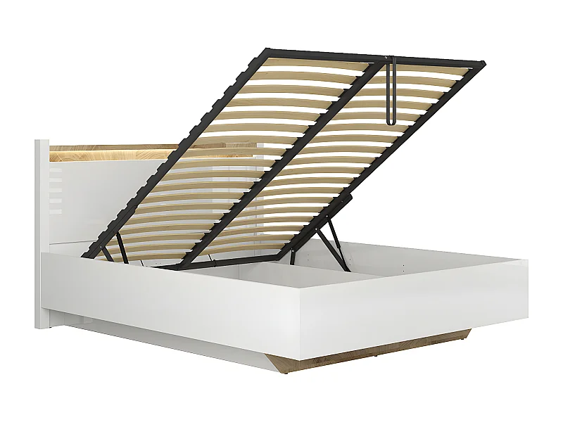 Lit coffre 140x200 sommier inclus avec LED Helios Blanc laqué et Bois