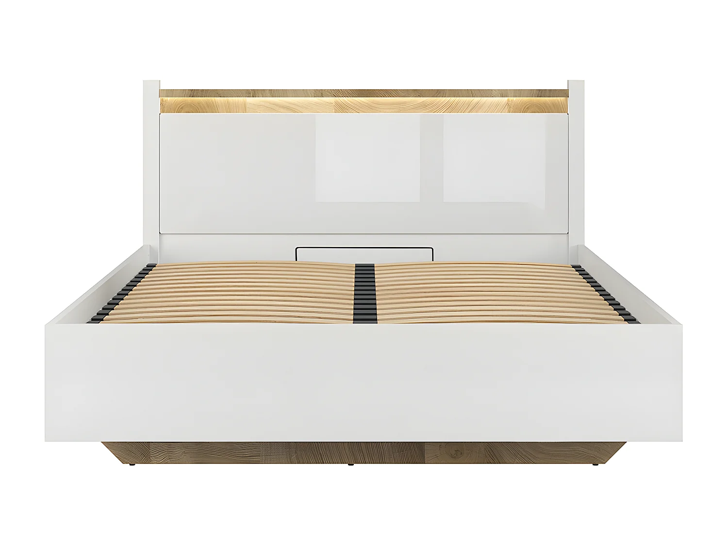 Lit coffre 140x200 sommier inclus avec LED Helios Blanc laqué et Bois