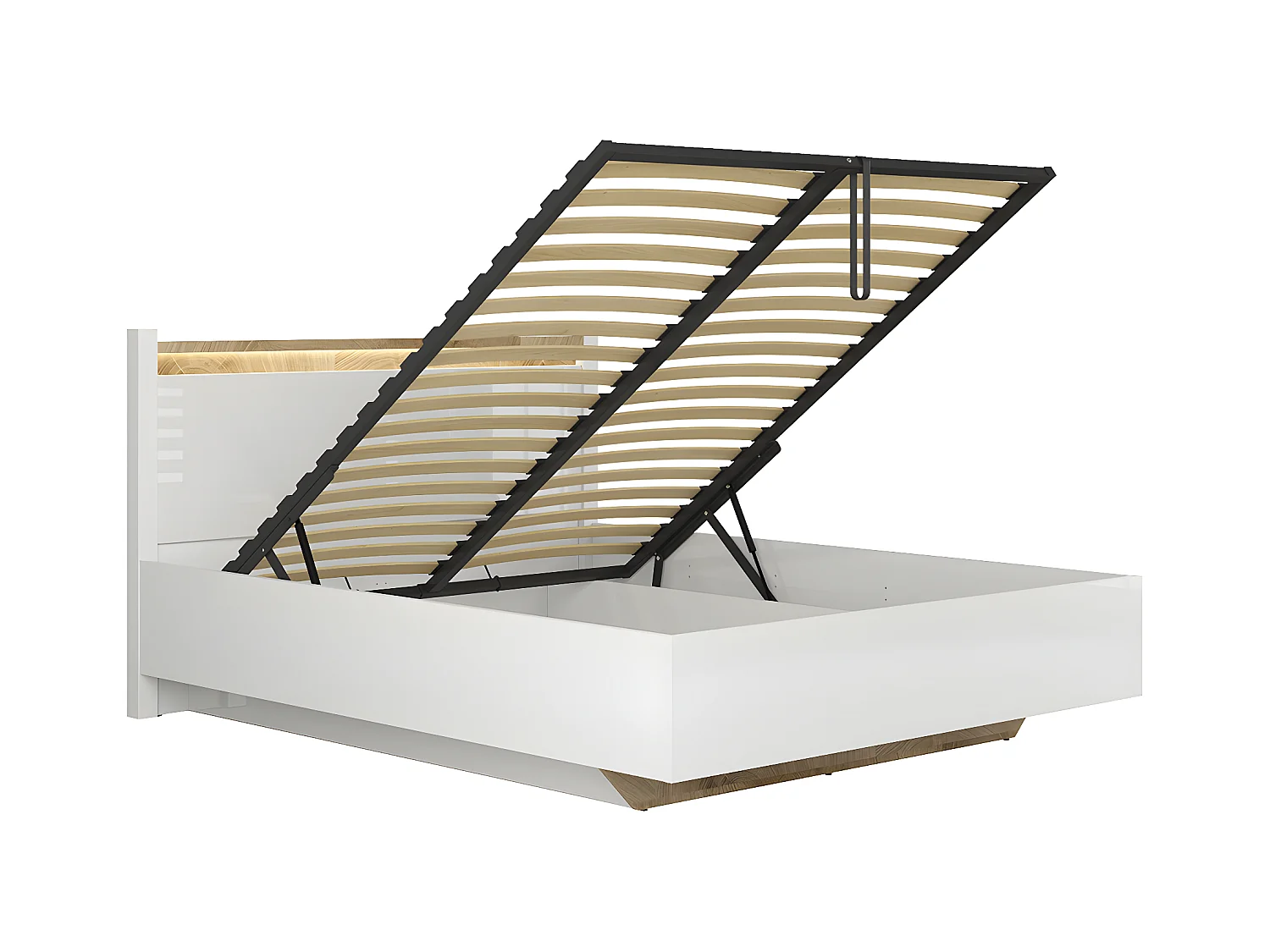 Lit coffre 140x200 sommier inclus avec LED Helios Blanc laqué et Bois