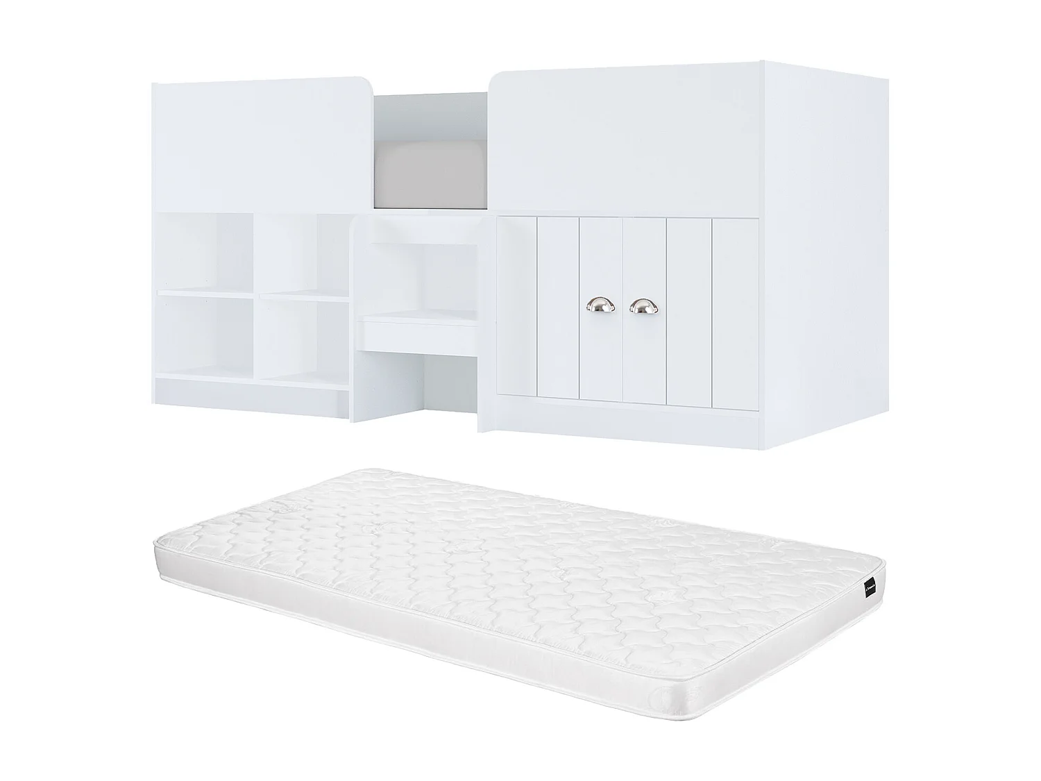 Cama de média altura 90x190 cm com espaços de arrumação branco + colchão - BOUTANIO