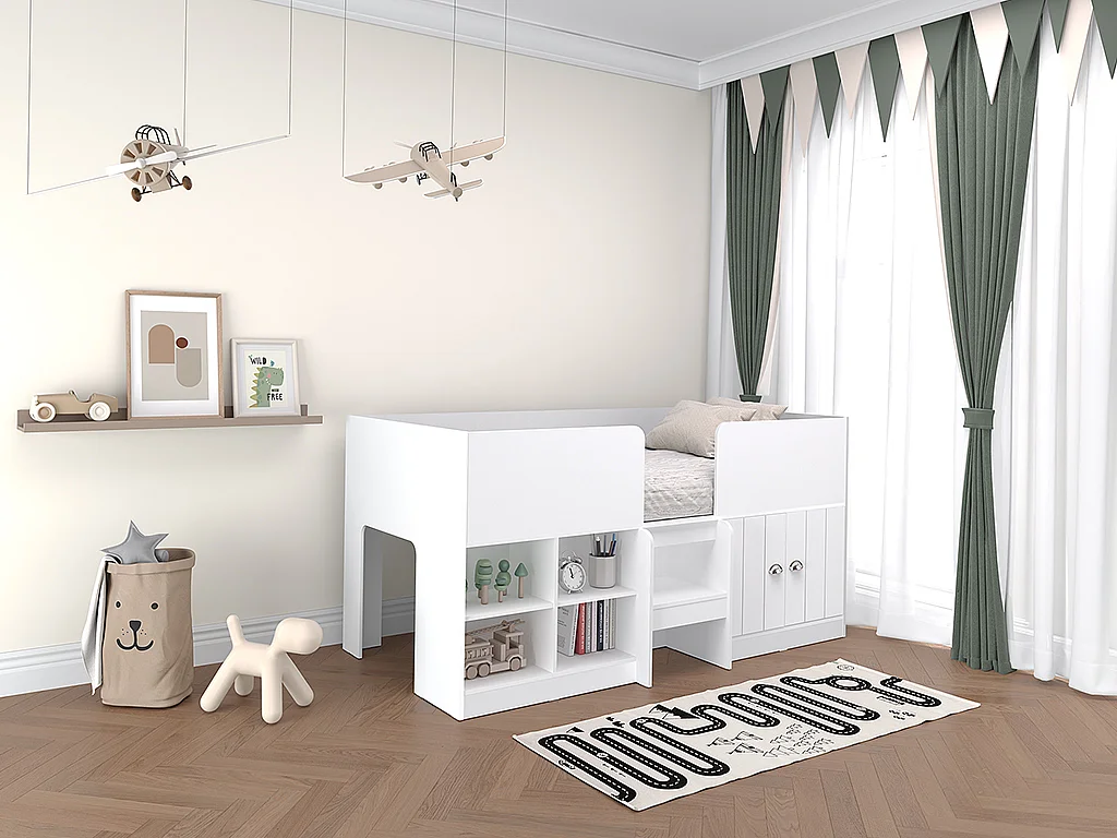 Lit mi-hauteur 90 x 190 cm avec rangements - Coloris : Blanc + Matelas - BOUTANIO