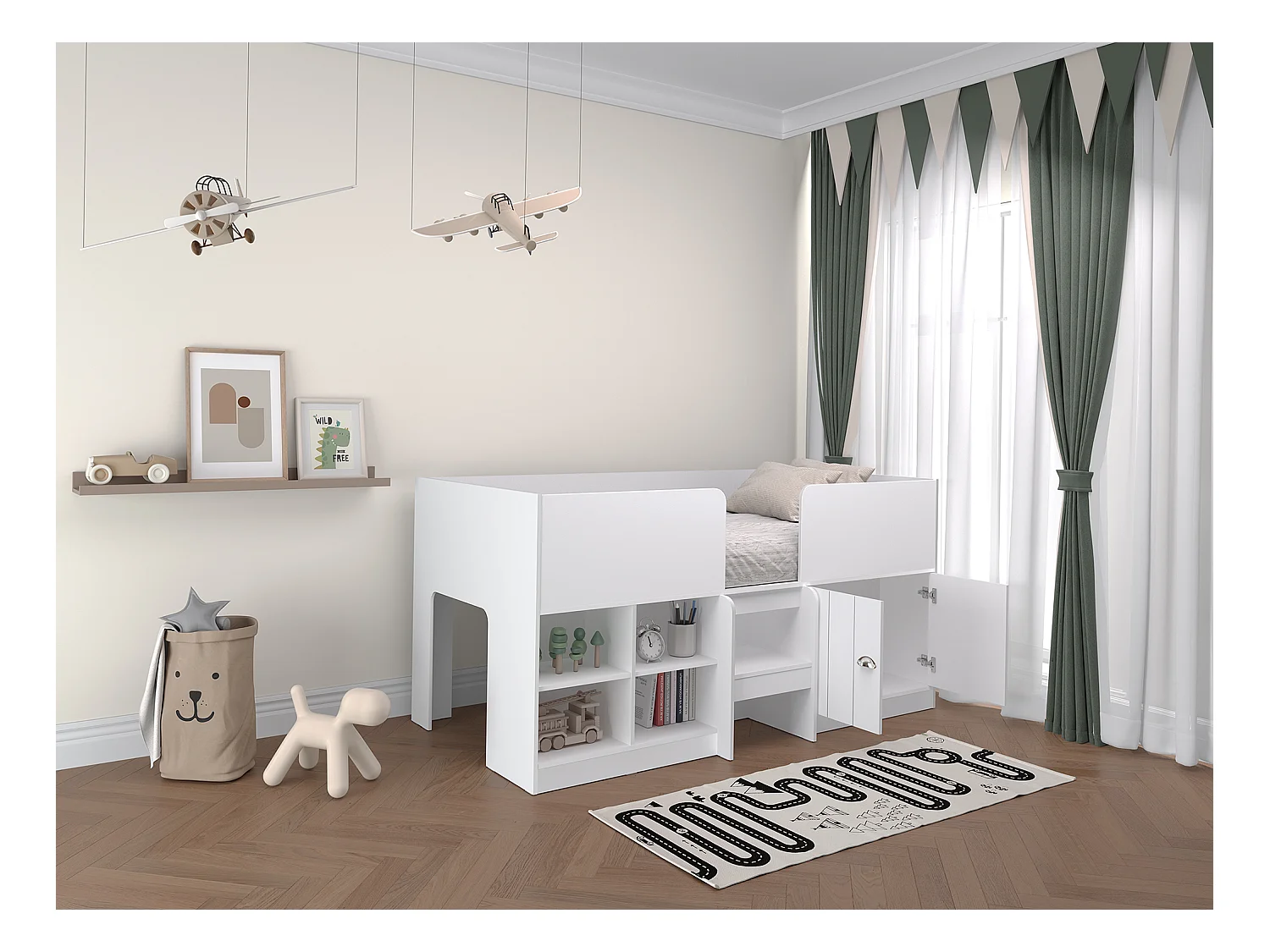 Halve hoogslaper 90 x 190 cm met opbergruimte - Kleur: wit + matras - BOUTANIO