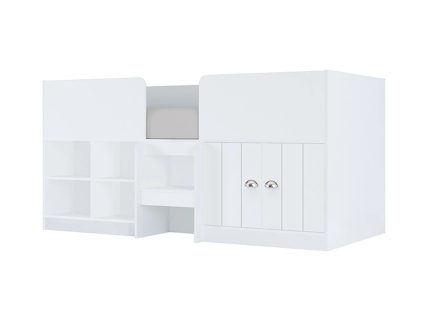 Halve hoogslaper 90 x 190 cm met opbergruimte - Kleur: wit + matras - BOUTANIO