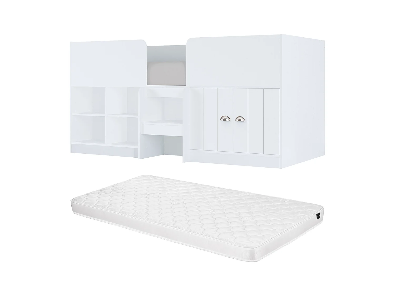 Halve hoogslaper 90 x 190 cm met opbergruimte - Kleur: wit + matras - BOUTANIO