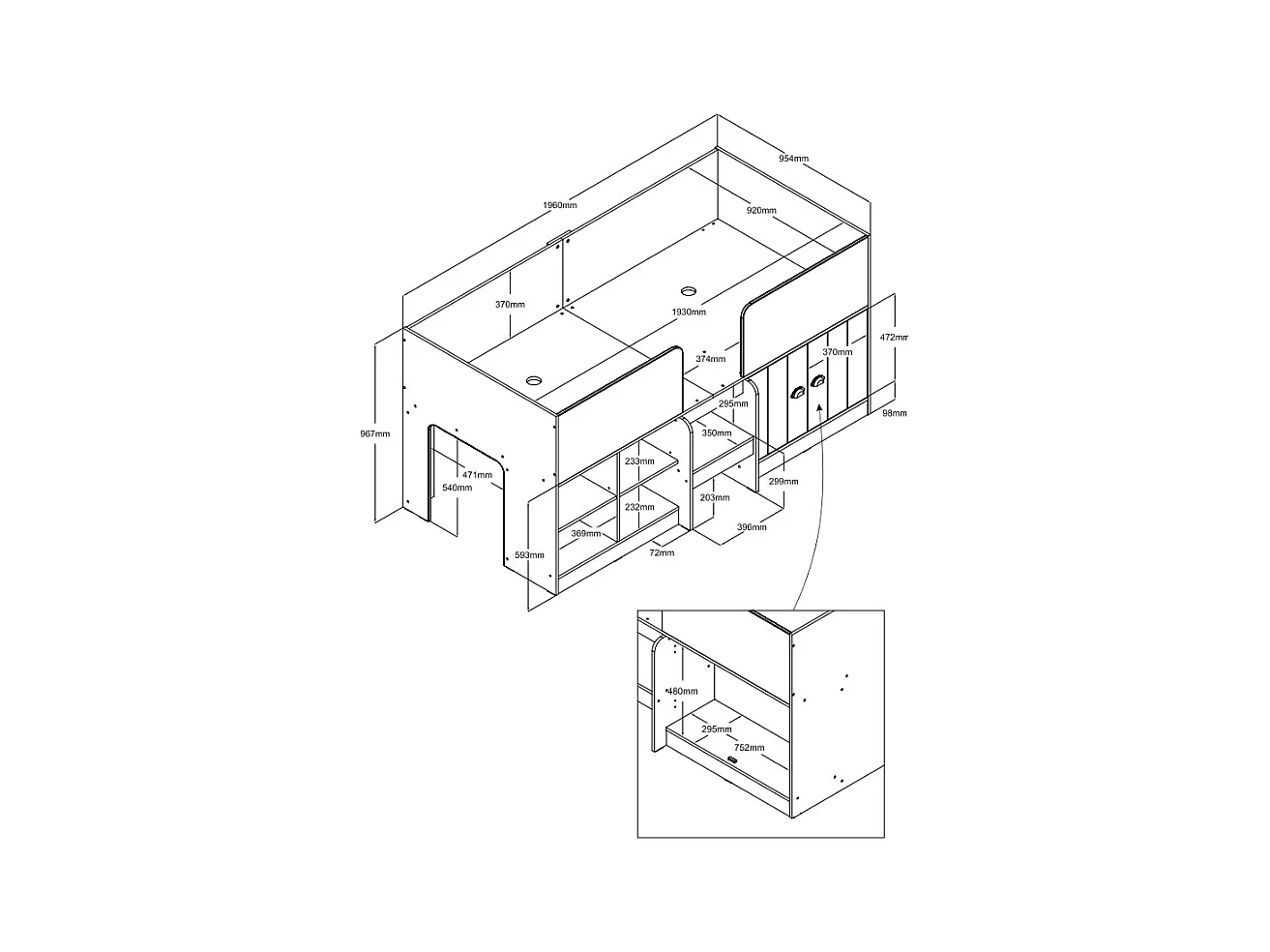 Halve hoogslaper 90 x 190 cm met opbergruimte - Kleur: wit + matras - BOUTANIO