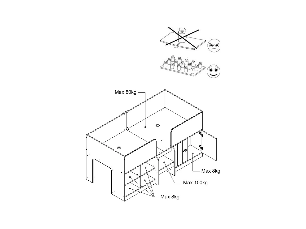 Halve hoogslaper 90 x 190 cm met opbergruimte - Kleur: wit + matras - BOUTANIO