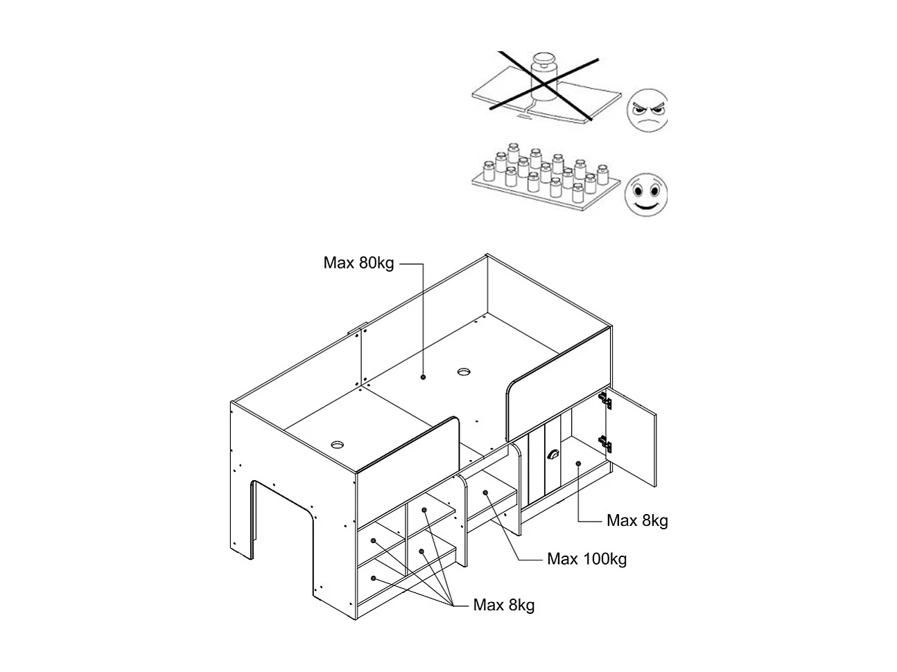 Cama de média altura 90x190 cm com espaços de arrumação branco + colchão - BOUTANIO