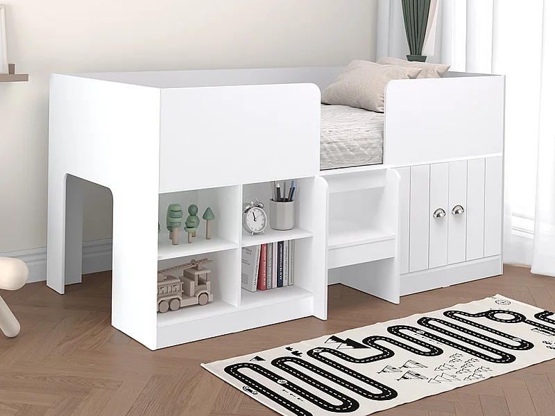 Halve hoogslaper 90 x 190 cm met opbergruimte - Kleur: wit + matras - BOUTANIO