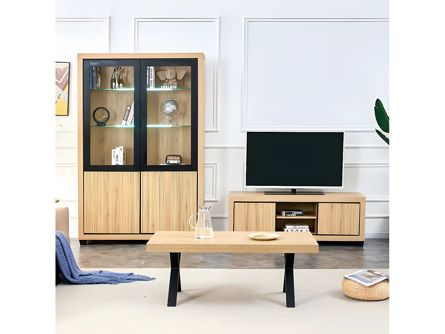 Meuble TV 2 portes 2 niches chêne wellington et noir Nice