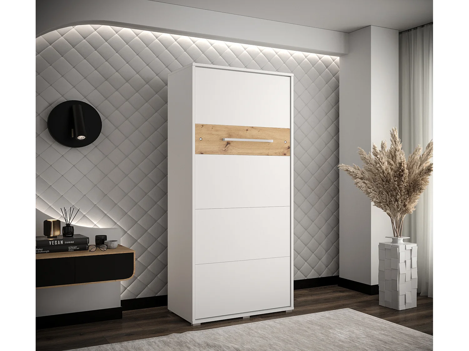 Lit escamotable home verticale 90x200 (blanc+artisan)