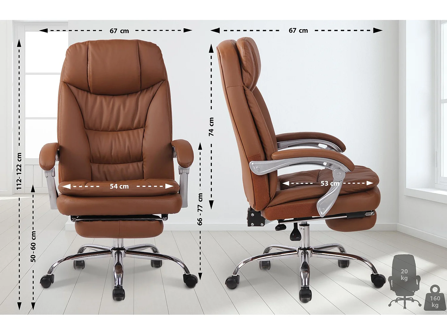 Chaise de bureau - Similicuir & Blanc - Marron clair - XL Troy