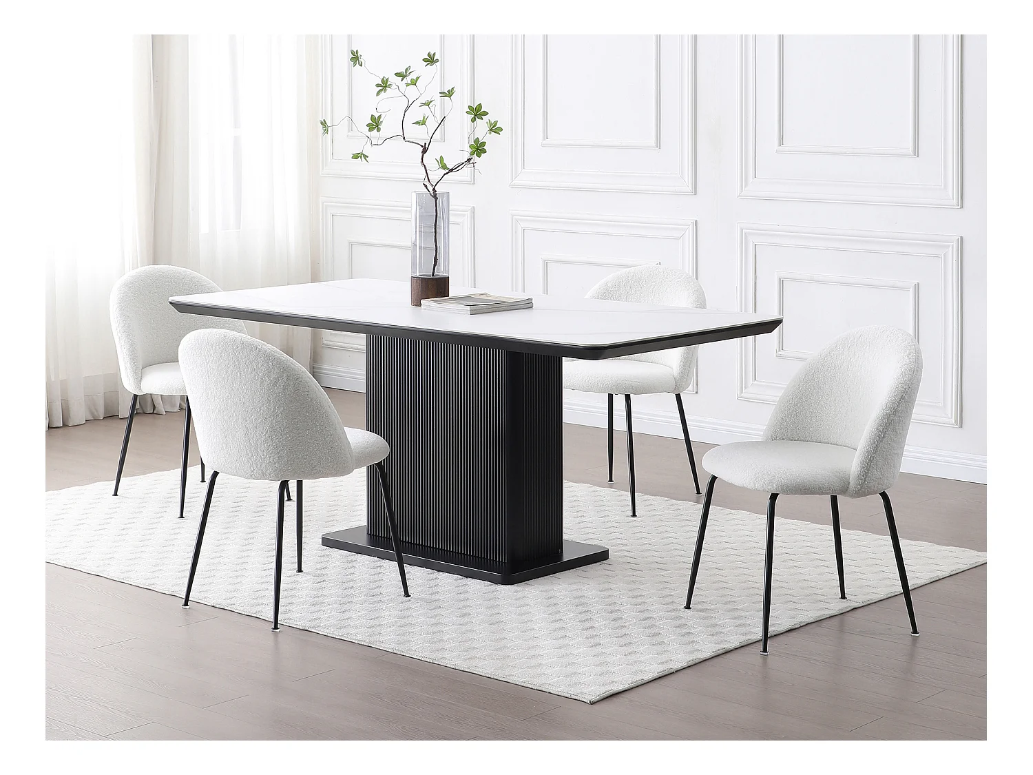 Lot de 6 chaises en tissu bouclette et acier inoxydable noir - Blanc - MELBOURNE