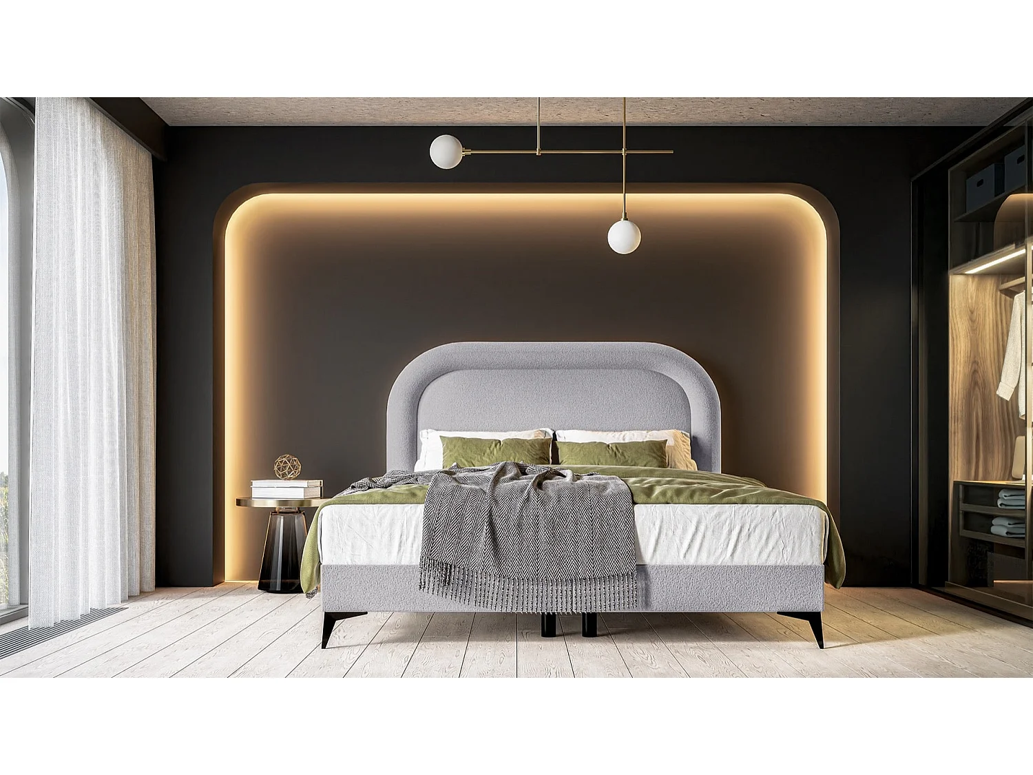 Lit continental - 140x200 cm - en bouclette gris clair - LOREO