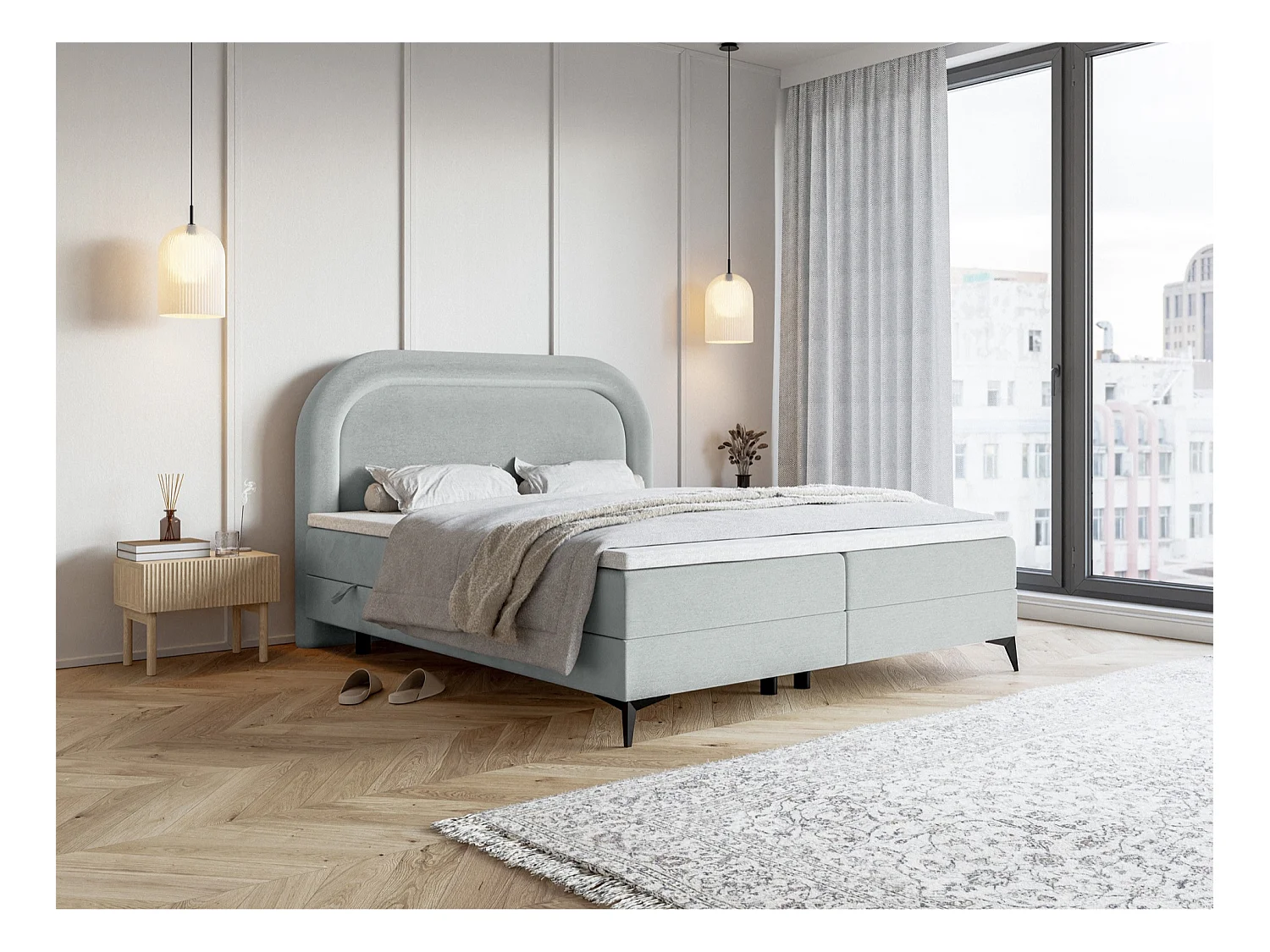 Lit continental - 160x200 cm - en velours déperlant gris clair - LOREO