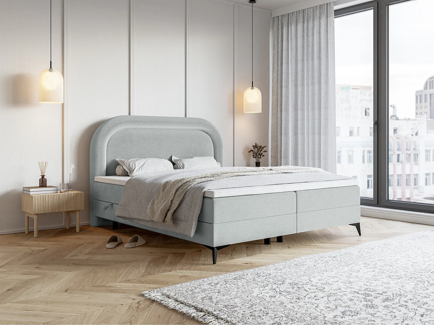 Lit continental - 160x200 cm - en velours déperlant gris clair - LOREO