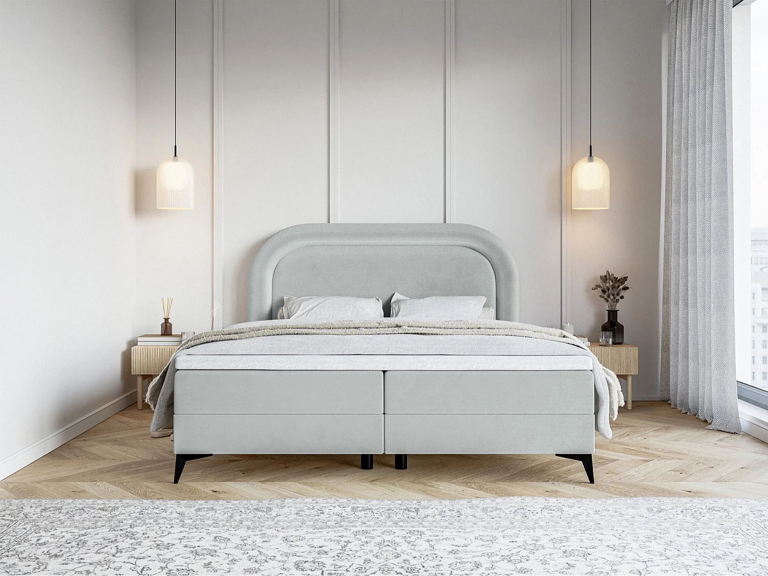 Lit continental - 160x200 cm - en velours déperlant gris clair - LOREO