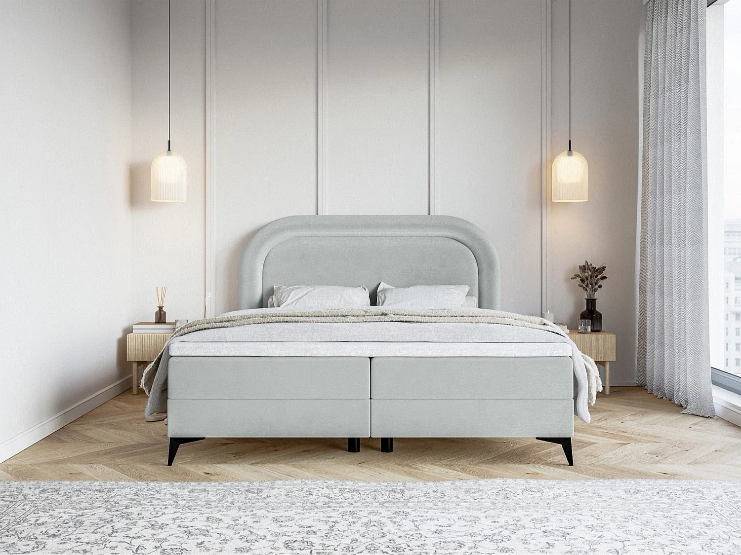 Lit continental - 160x200 cm - en velours déperlant gris clair - LOREO
