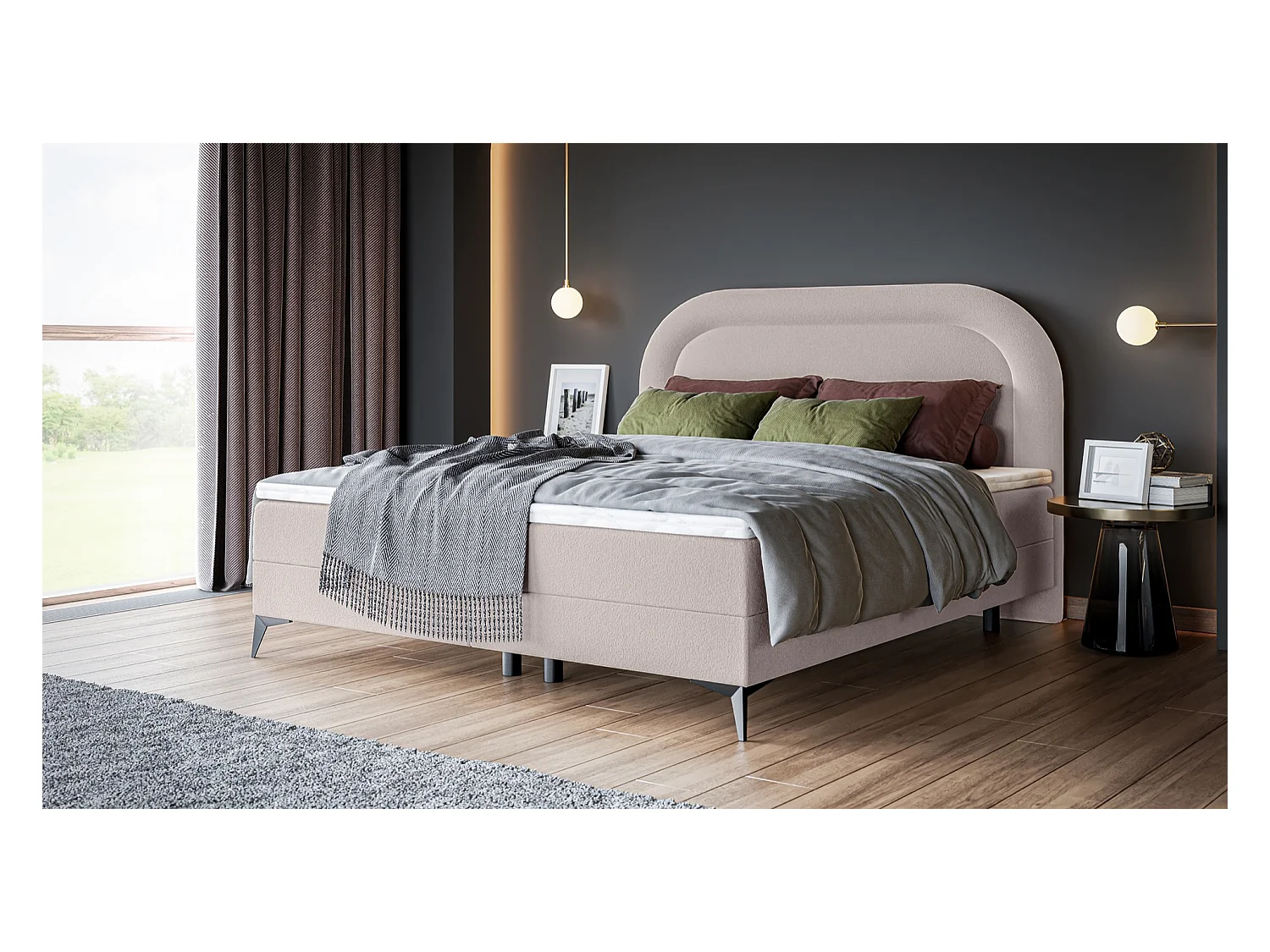 Lit continental - 160x200 cm - en bouclette beige clair - LOREO
