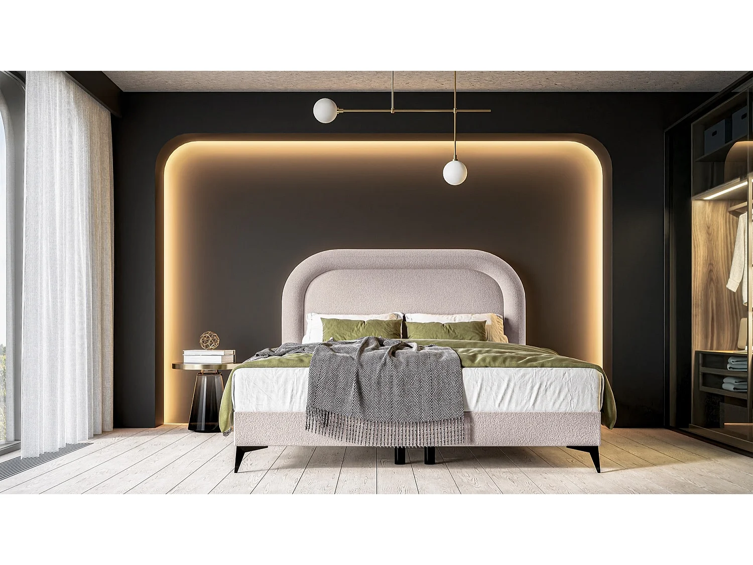 Lit continental - 160x200 cm - en bouclette beige clair - LOREO