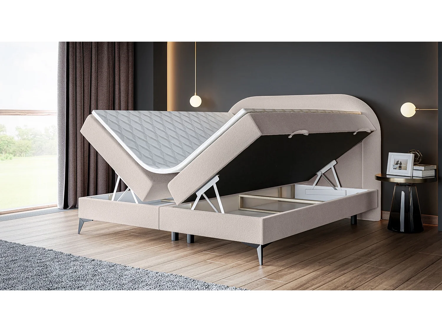Lit continental - 160x200 cm - en bouclette beige clair - LOREO