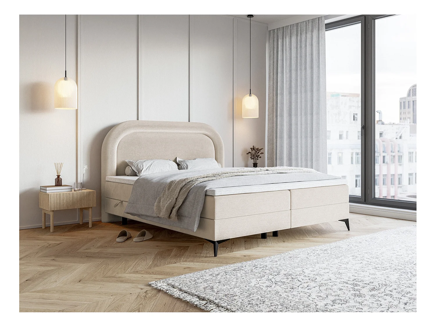 Continentaal bed - 160x200 cm - in waterafstotend greige fluweel - LOREO