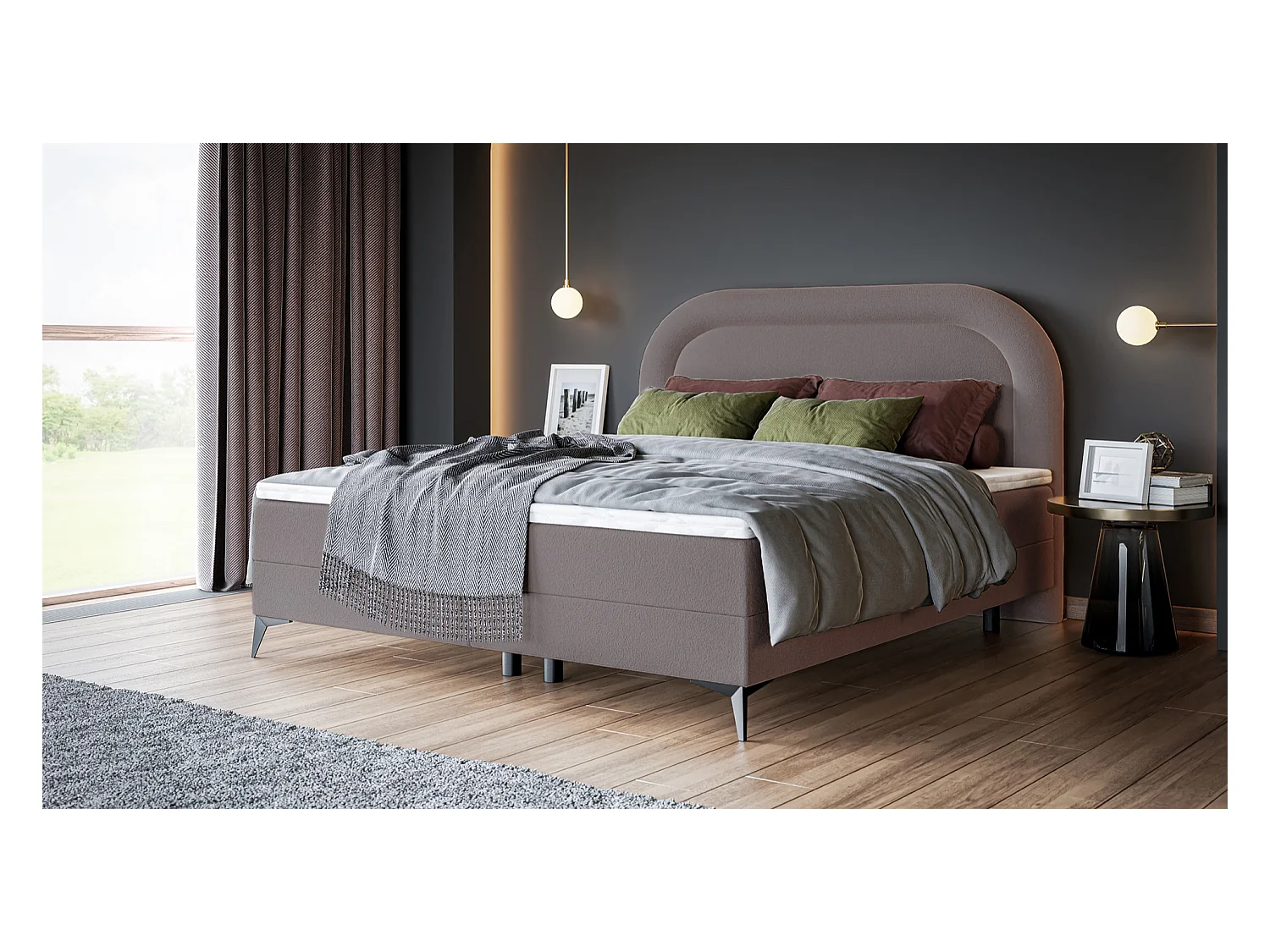 Lit continental - 160x200 cm - en bouclette marron clair - LOREO