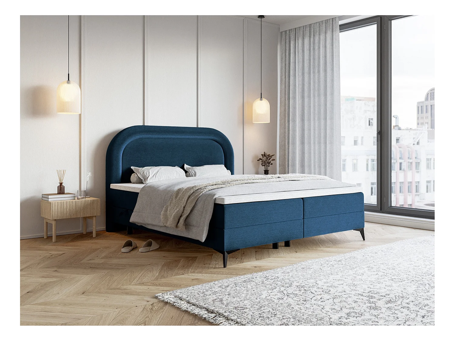 Lit continental - 160x200 cm - en velours déperlant marine - LOREO