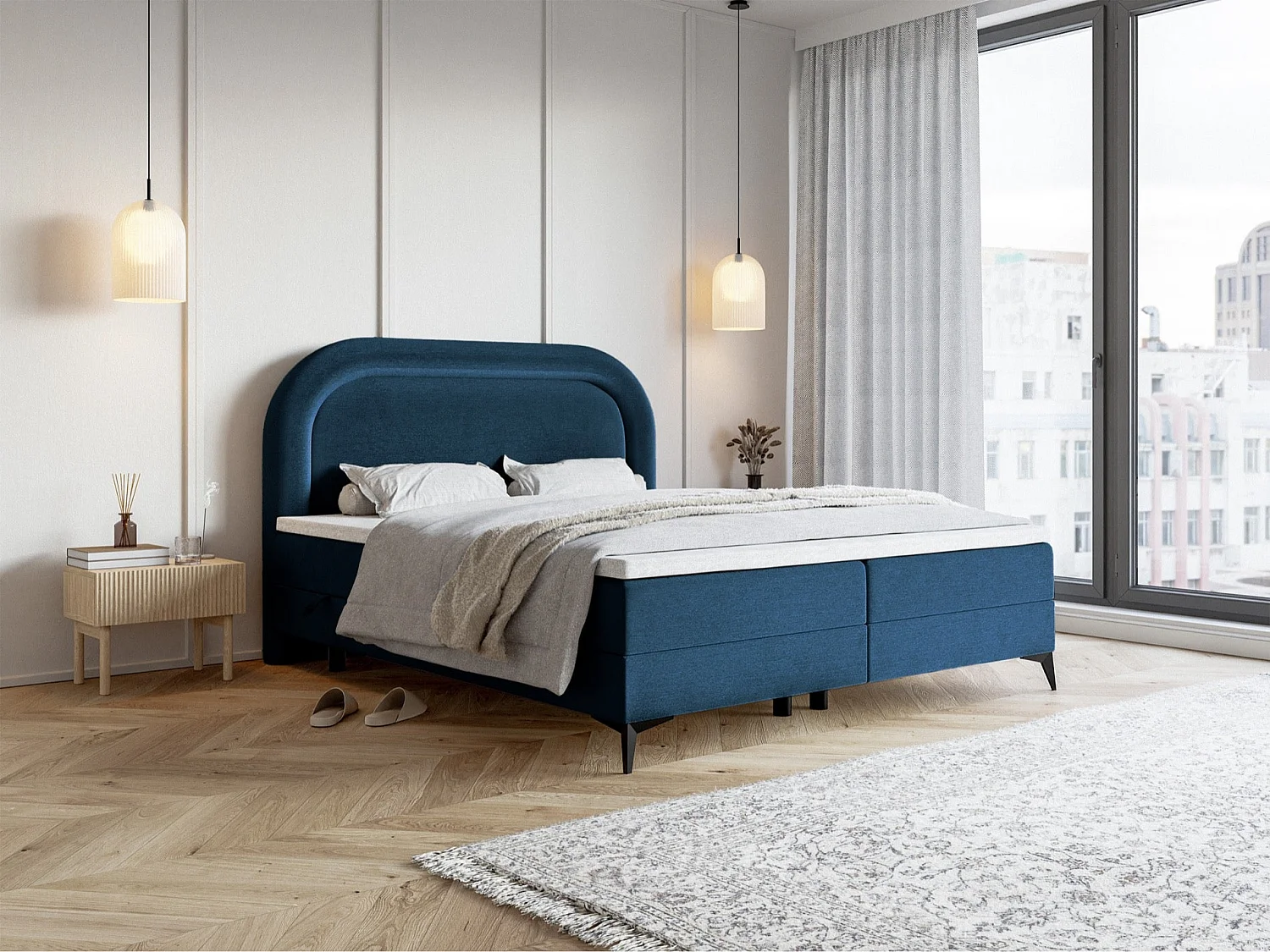 Lit continental - 160x200 cm - en velours déperlant marine - LOREO