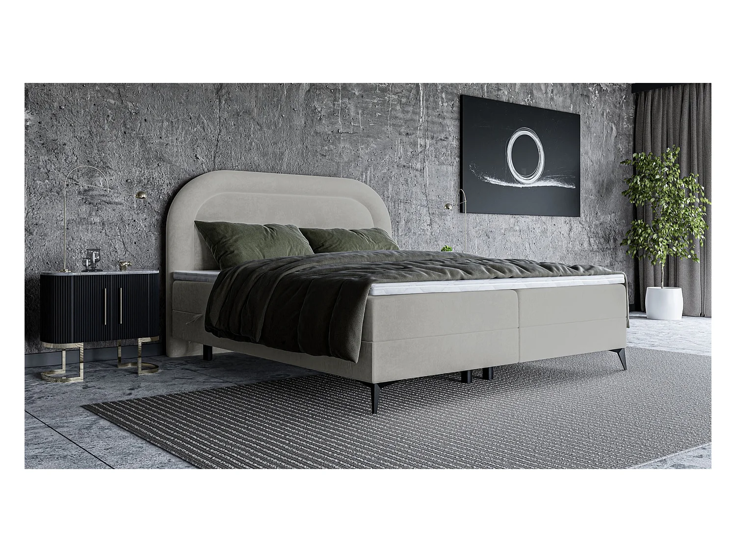 Lit continental - 160x200 cm - en velours beige clair - LOREO