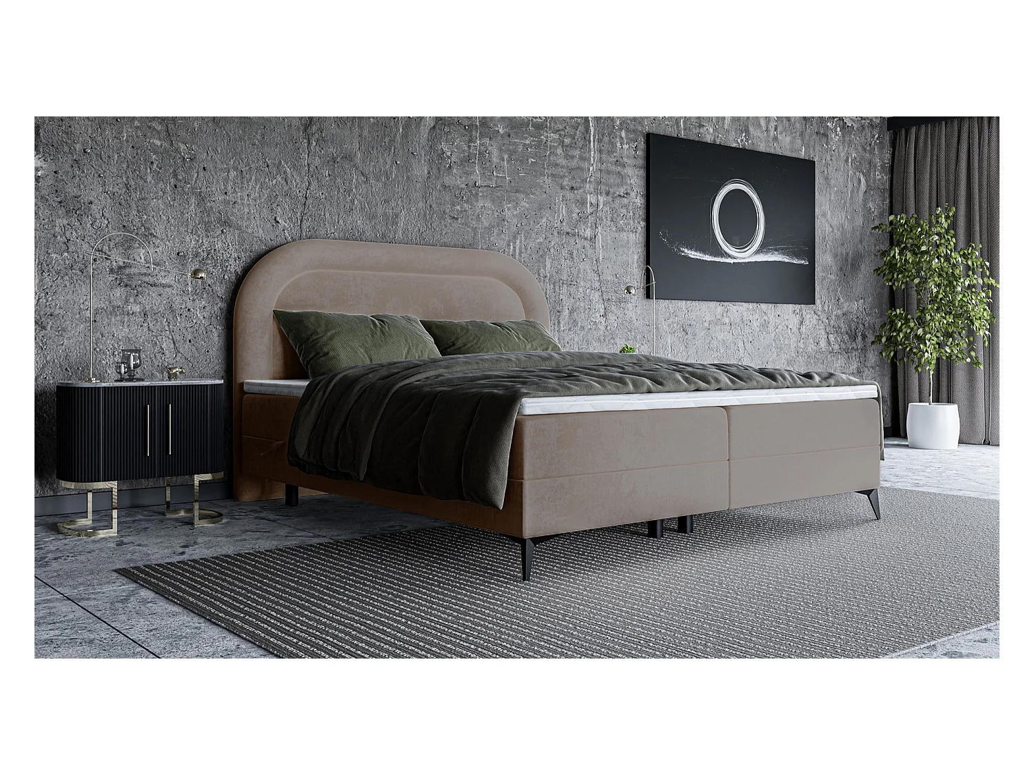 Lit continental - 180x200 cm - en velours beige - LOREO