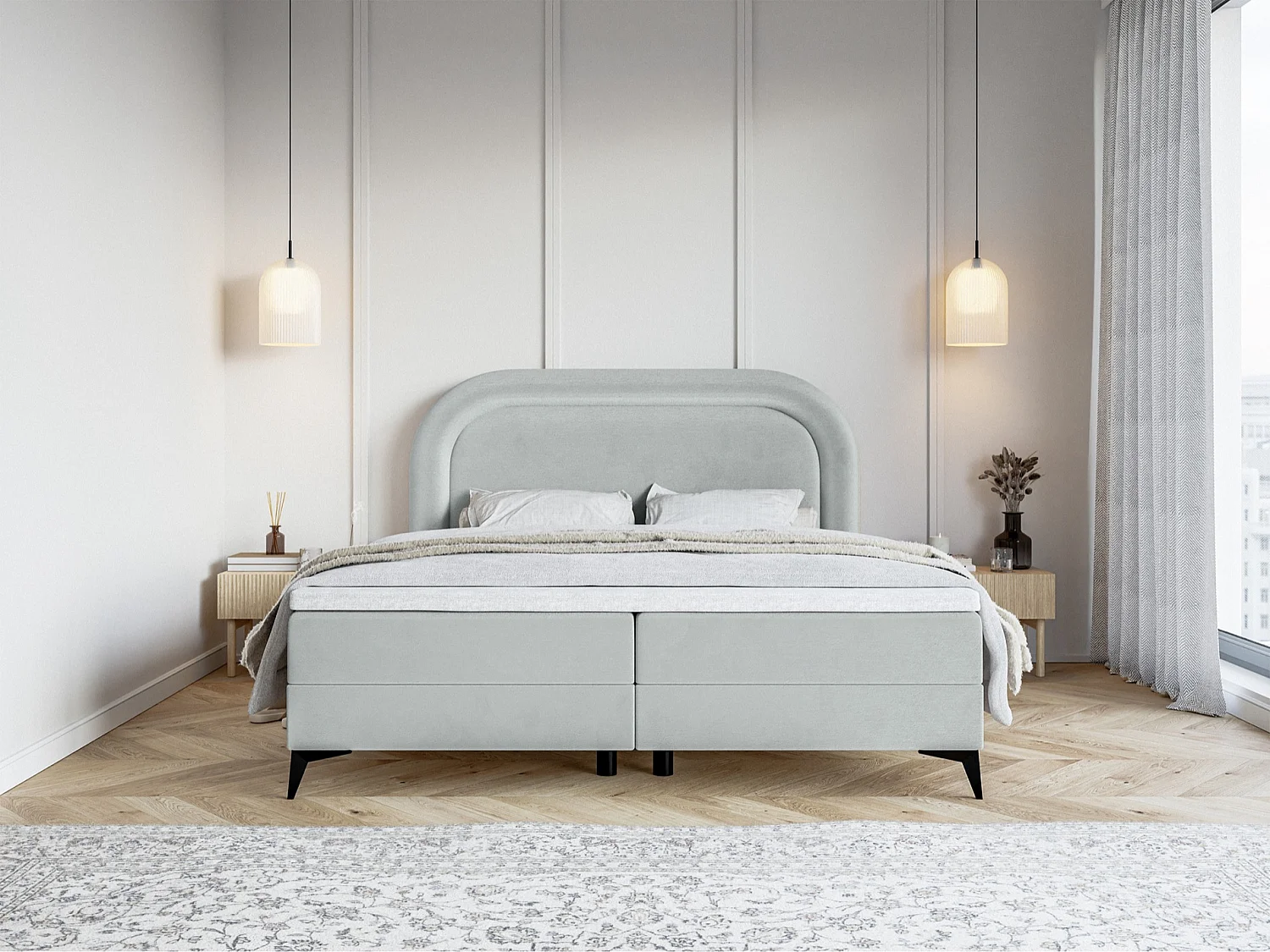 Lit continental - 180x200 cm - en velours déperlant gris clair - LOREO