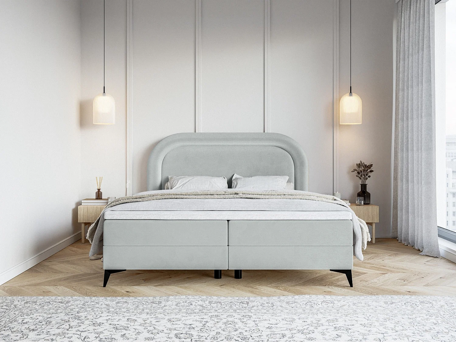 Lit continental - 180x200 cm - en velours déperlant gris clair - LOREO