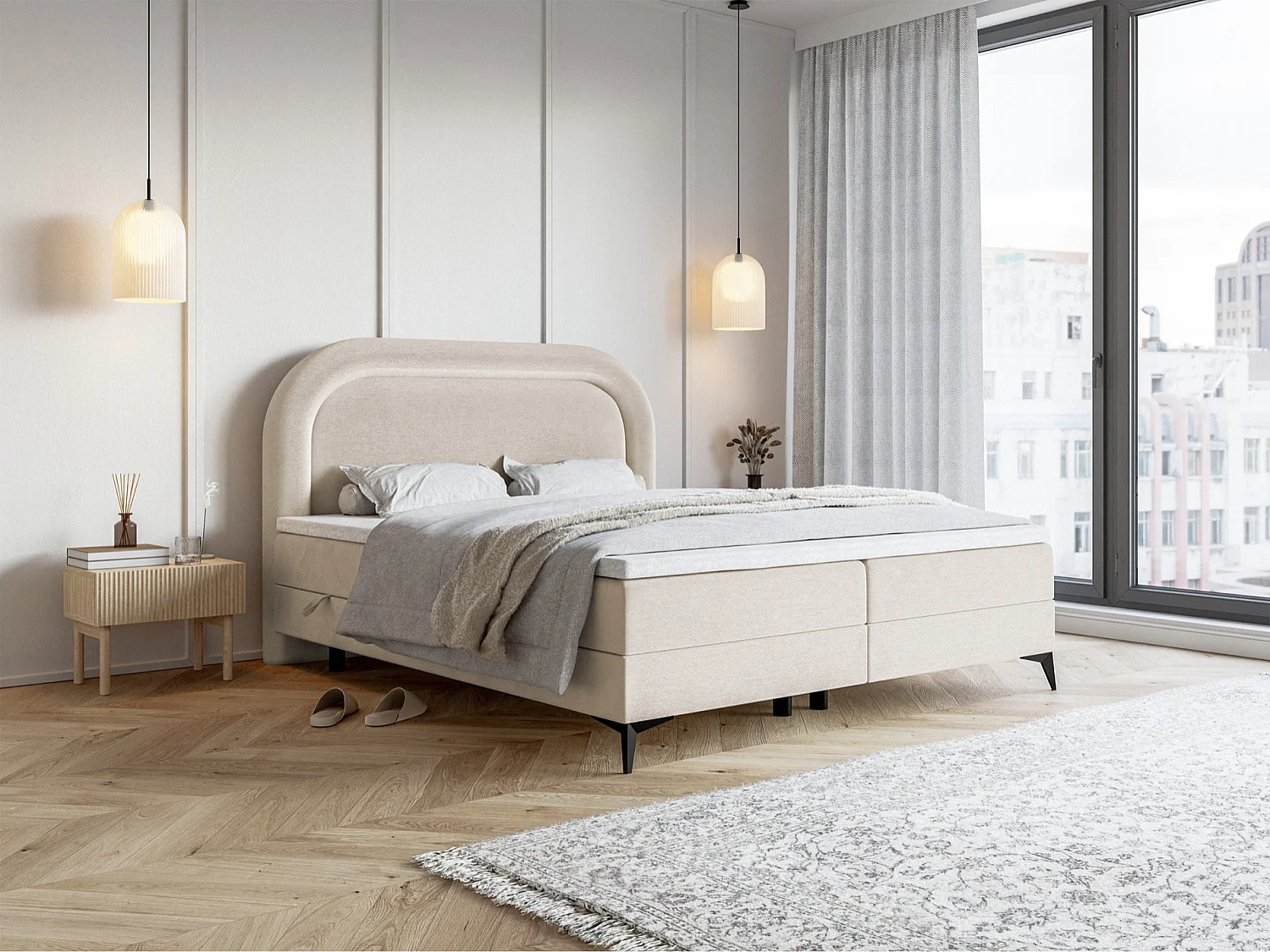 Continentaal bed - 180x200 cm - in waterafstotend greige fluweel - LOREO