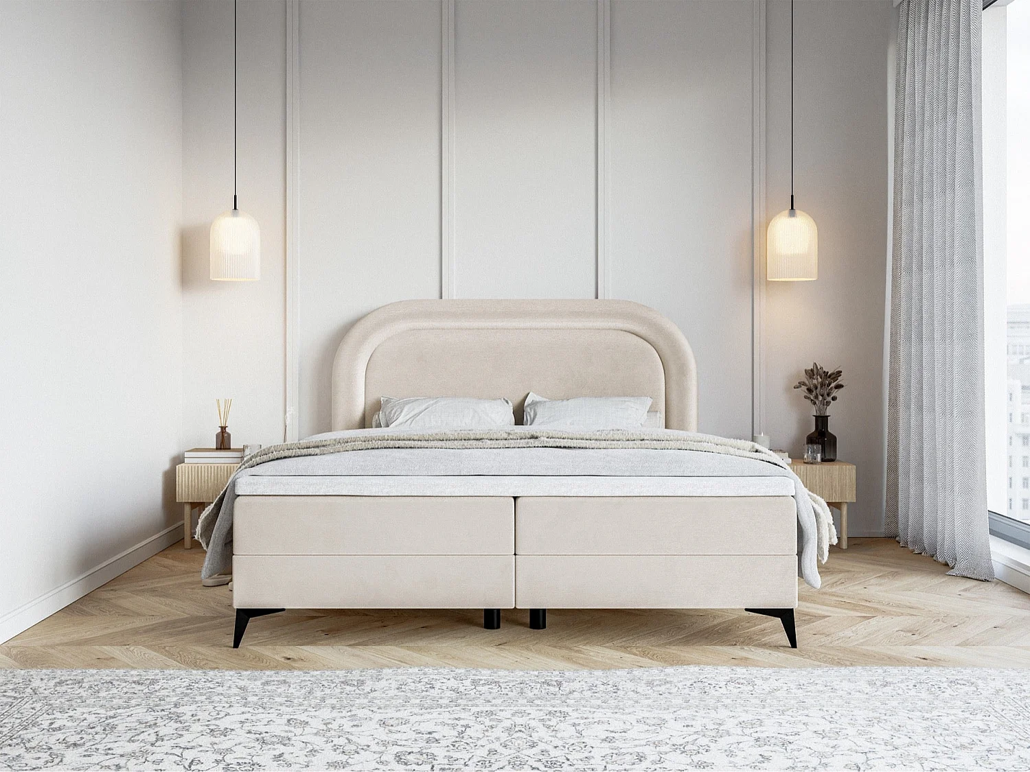 Lit continental - 180x200 cm - en velours déperlant grège - LOREO