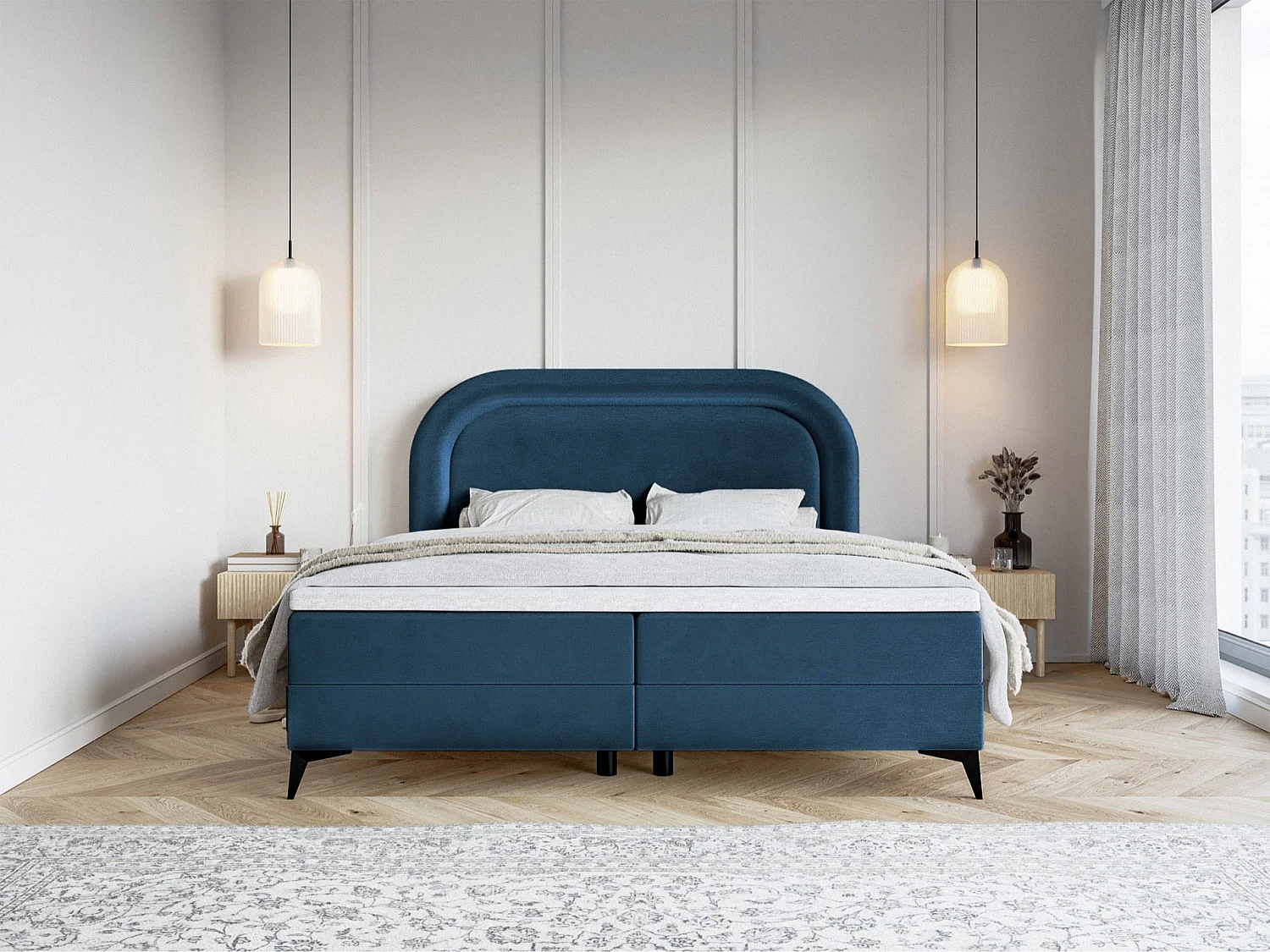 Lit continental - 140x200 cm - en velours déperlant marine - LOREO