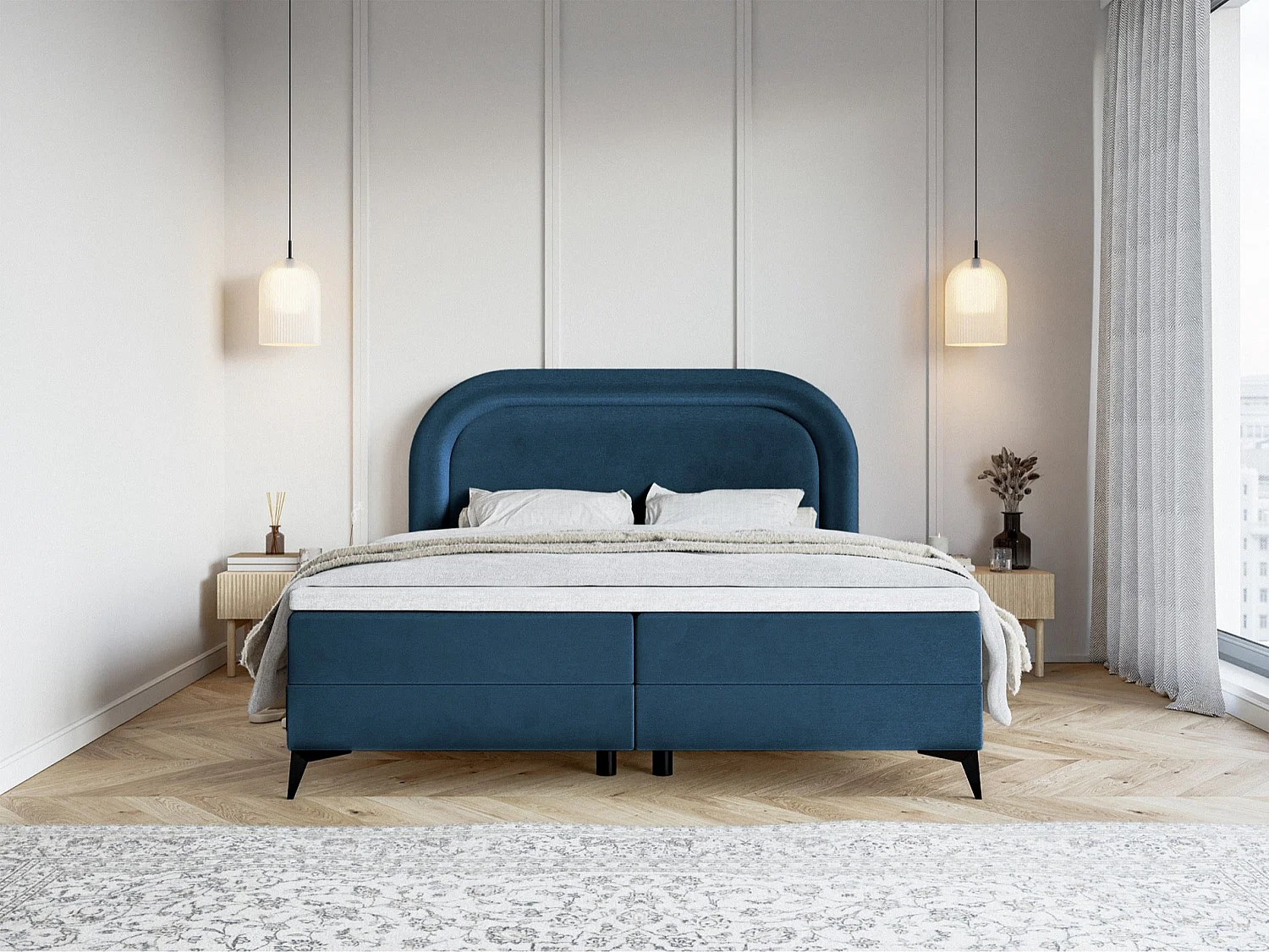 Lit continental - 180x200 cm - en velours déperlant marine - LOREO