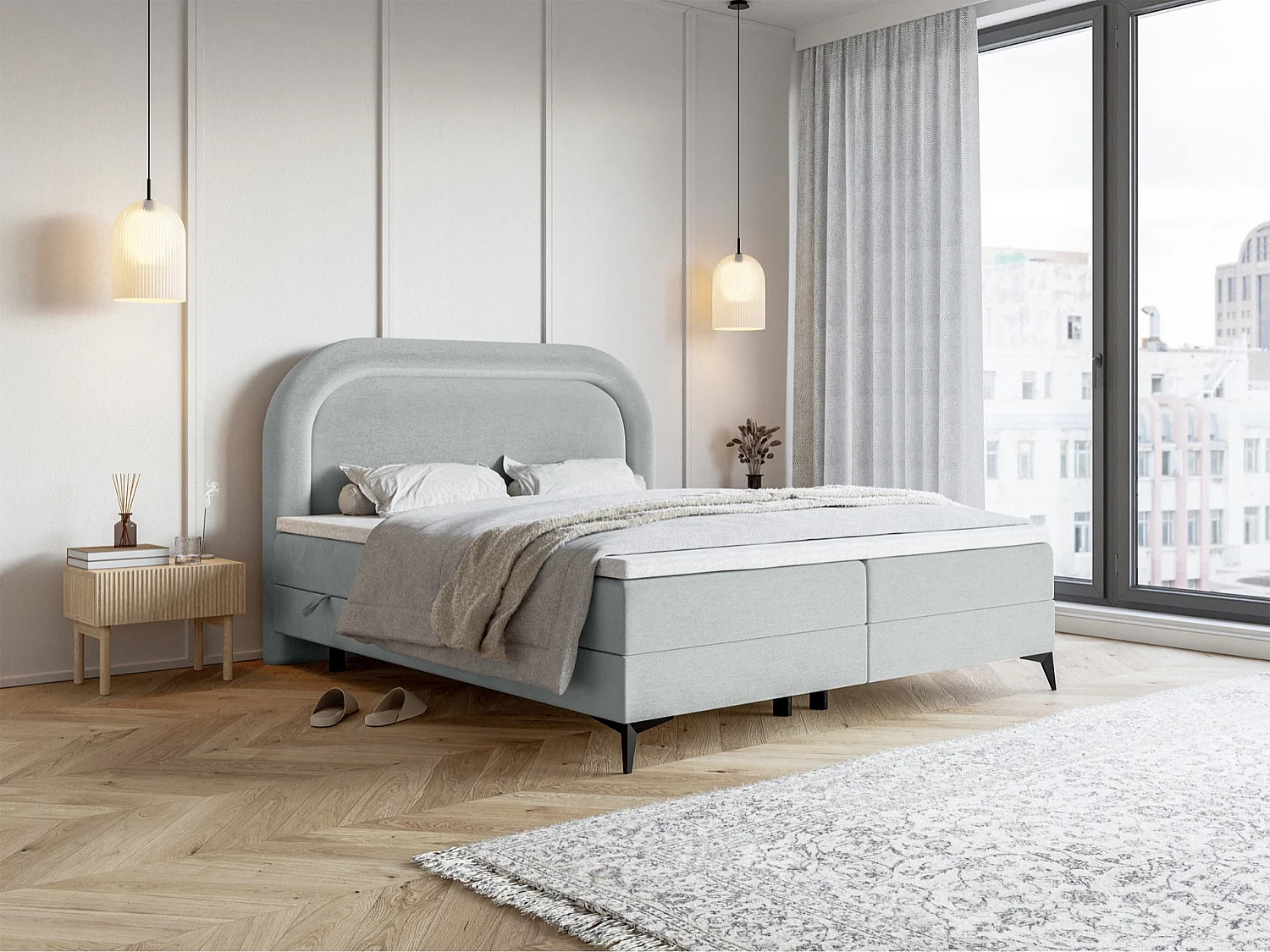 Lit continental - 140x200 cm - en velours déperlant gris clair - LOREO
