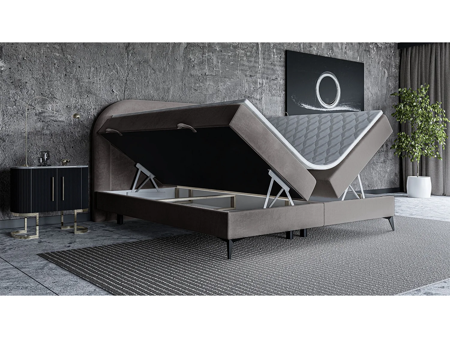 Lit continental - 180x200 cm - en velours grège - LOREO