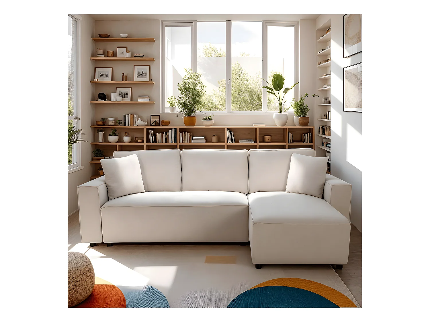 Canapé d'angle réversible convertible 4 places en tissu beige - Théa