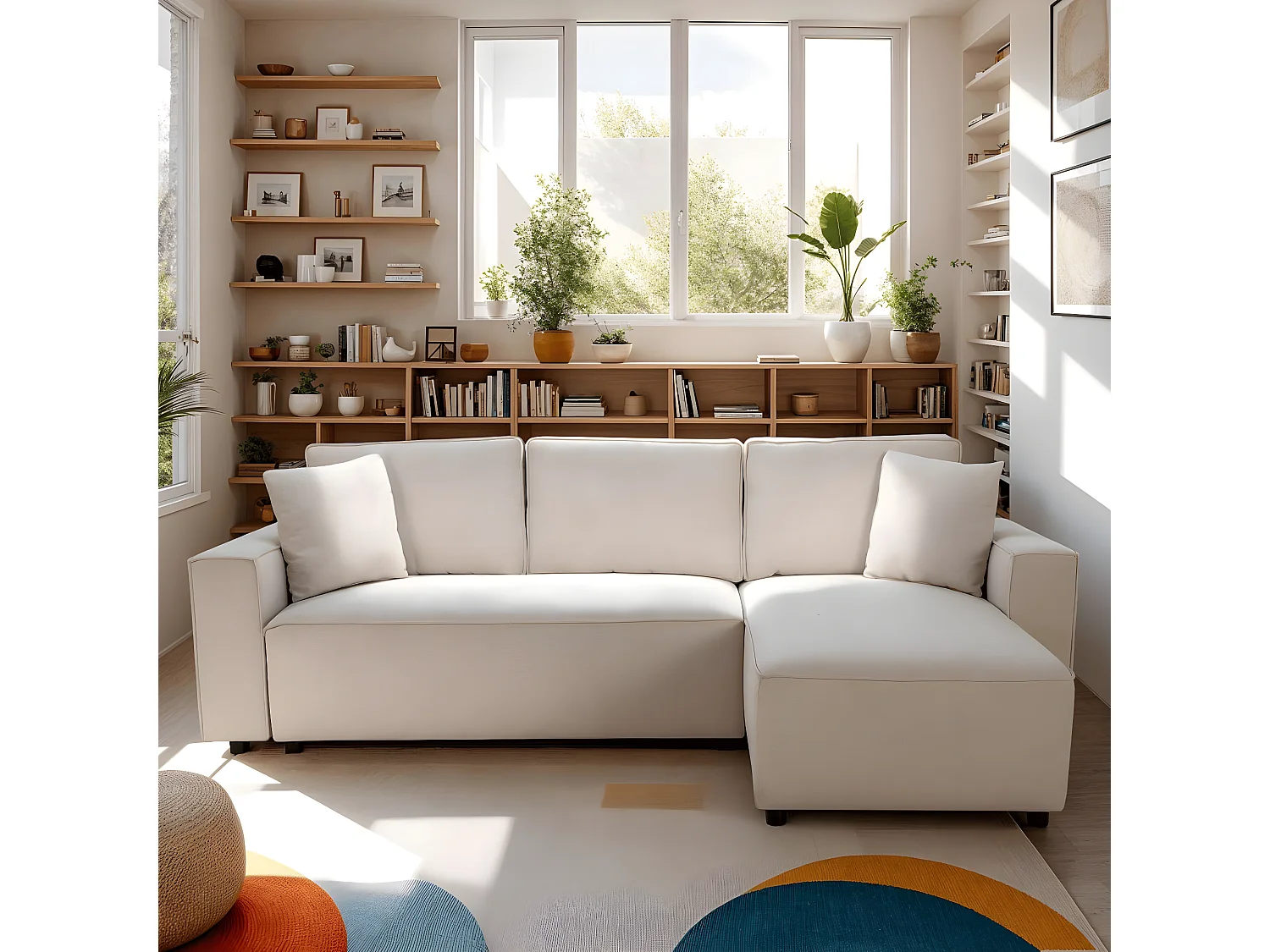 Canapé d'angle réversible convertible 4 places en tissu beige - Théa