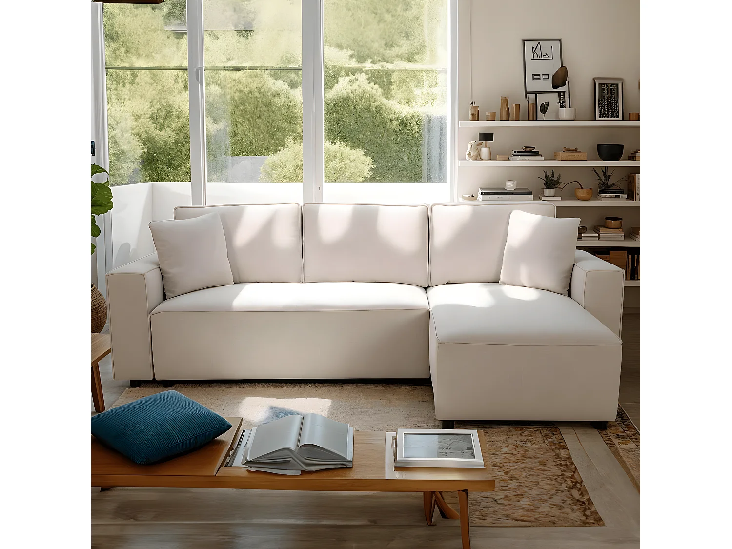 Canapé d'angle réversible convertible 4 places en tissu beige - Théa