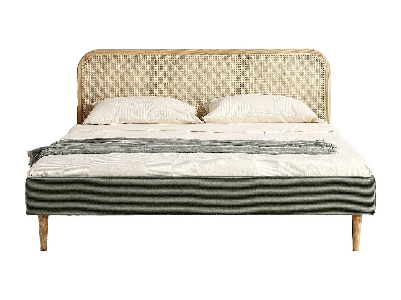 Lit adulte 140x190 cm en velours côtelé vert kaki avec tête de lit en cannage - Dalia