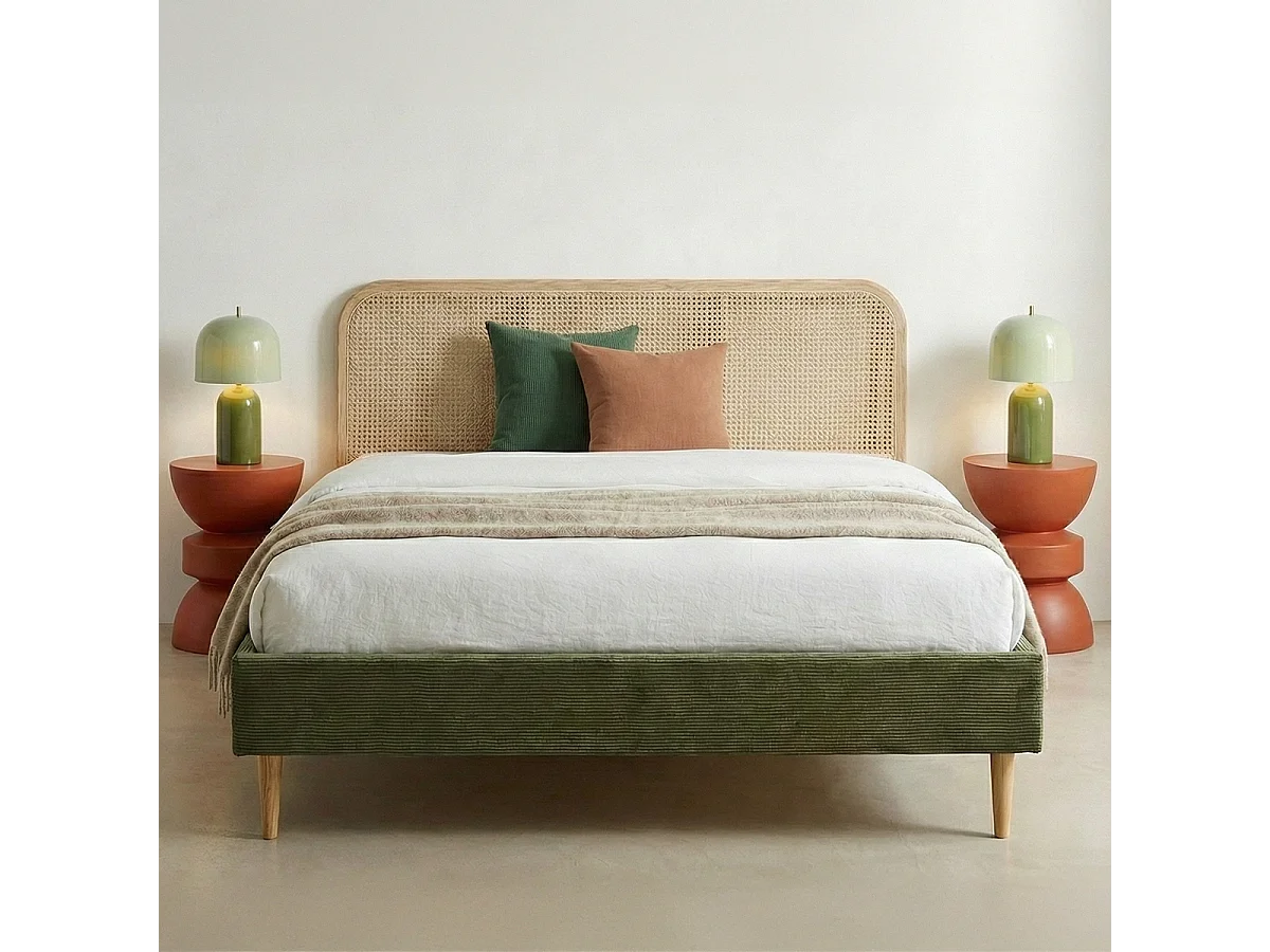 Lit adulte 140x190 cm en velours côtelé vert kaki avec tête de lit en cannage - Dalia