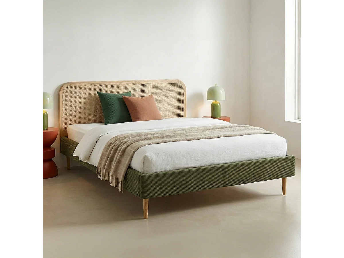 Lit adulte 140x190 cm en velours côtelé vert kaki avec tête de lit en cannage - Dalia