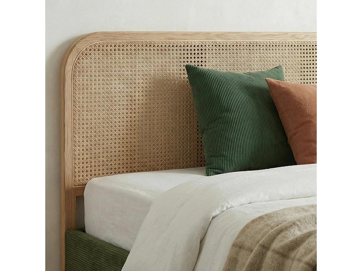 Lit adulte 140x190 cm en velours côtelé vert kaki avec tête de lit en cannage - Dalia