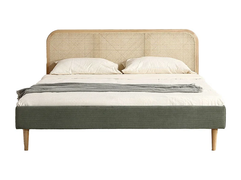 Lit adulte 140x190 cm en velours côtelé vert kaki avec tête de lit en cannage - Dalia